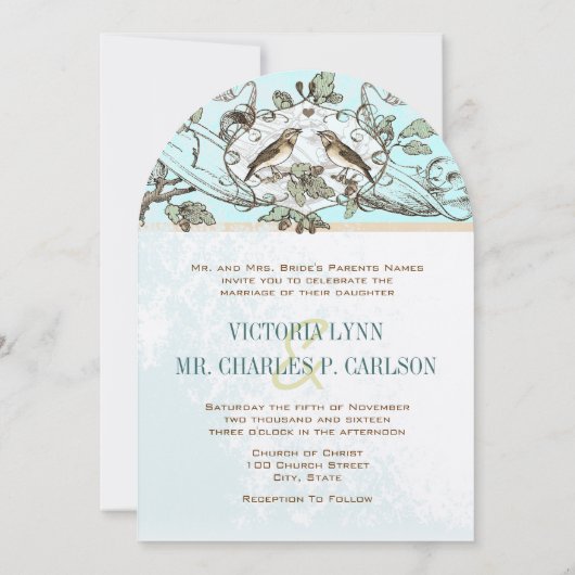 Invitation Néo-Mint Oiseaux Chêne Arbre Forêt Mariage (Dos)