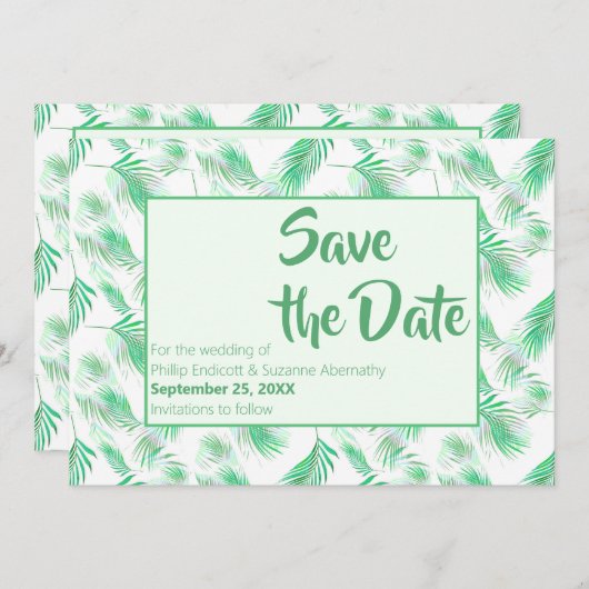 Invitation Neo Mint Tropical Palm Feuilles Enregistrer la dat (Devant / Derrière)