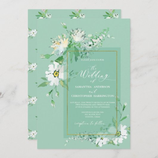 Invitation Neo Mint Vert or Rustique Peint Floral Mariage (Devant / Derrière)