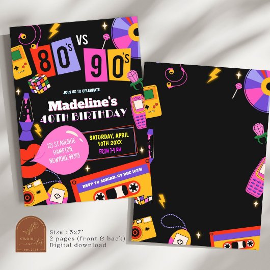 Invitation Neon 80s vs 90s Retro Disco Mixtape Anniversaire