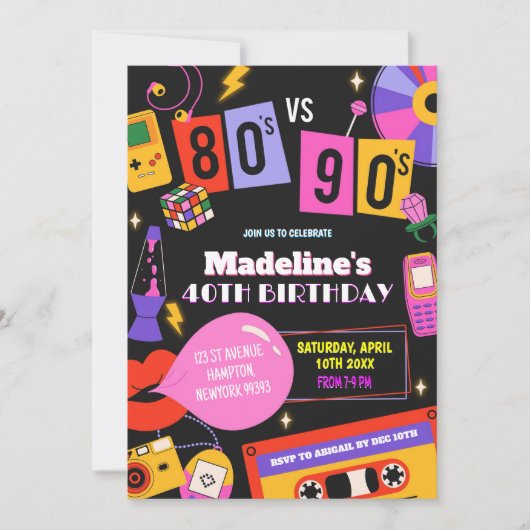 Invitation Neon 80s vs 90s Retro Disco Mixtape Anniversaire (Devant)