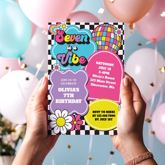 Invitation Neon 90s Retro Seven est un Vibe 7e anniversaire