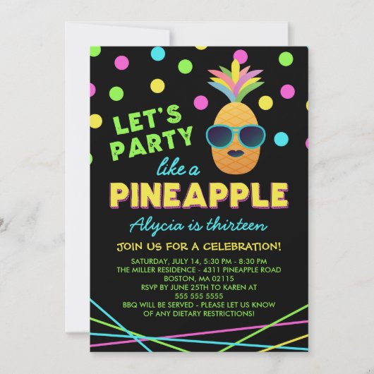 Invitation Neon Anniversaire de l'ananas (Devant)