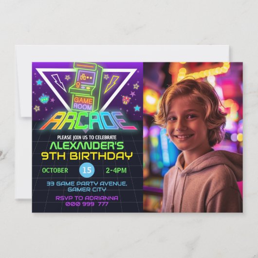 Invitation Neon Arcade Photo Anniversaire Gaming Party Invita (Devant)