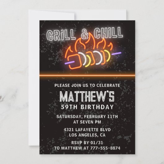 Invitation Neon Black Barbecue Grill and Chill 59e anniversai (Devant)