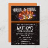 Invitation Neon Black Barbecue Grill Chill 42e anniversaire (Devant / Derrière)