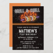 Invitation Neon Black Bbq Grill Chill 71e anniversaire (Devant / Derrière)