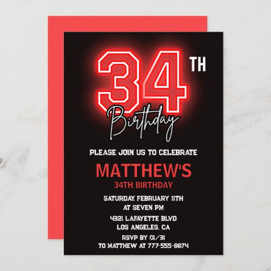 Invitation Neon Black Red Men Sport 34e anniversaire (Devant / Derrière)