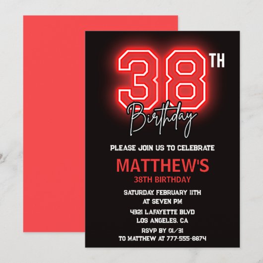 Invitation Neon Black Red Men Sport 38e anniversaire (Devant / Derrière)