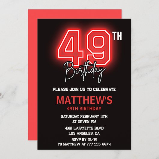Invitation Neon Black Red Men Sport 49e anniversaire (Devant / Derrière)