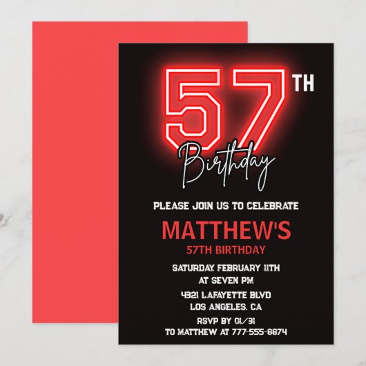 Invitation Neon Black Red Men Sport 57e anniversaire (Devant / Derrière)