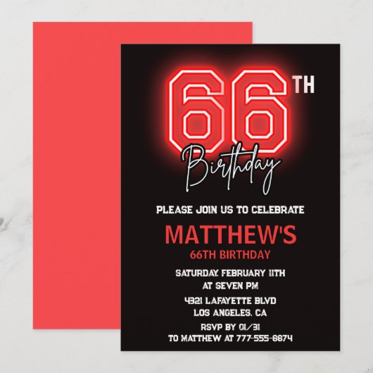 Invitation Neon Black Red Men Sport 66e anniversaire (Devant / Derrière)
