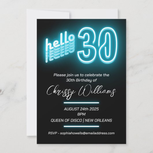 Invitation Neon bleu rétro lueur 30e fête d'anniversaire (Devant)