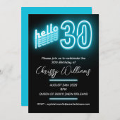 Invitation Neon bleu rétro lueur 30e fête d'anniversaire (Devant / Derrière)