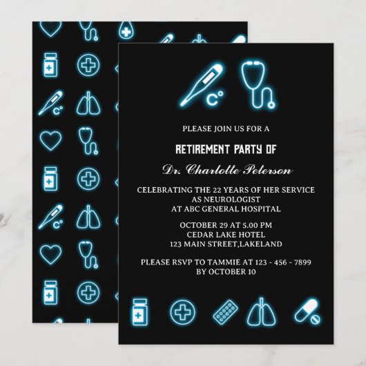Invitation Neon Blue Médicale Element Doctor Retirement Party (Devant / Derrière)
