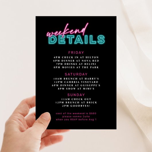 Invitation Neon Blue & Pink Bachelorette Week-end
