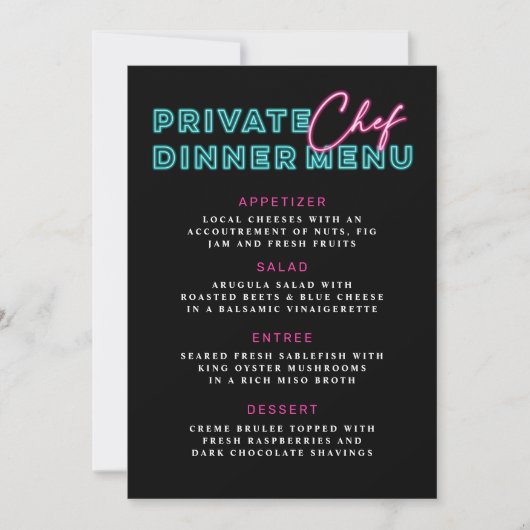 Invitation Neon Blue & Pink Menu Dîner Chef Privé Menu (Devant)