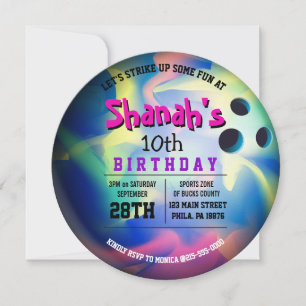 Invitation NEON BOWLING BALL ROUND Anniversaire Fête Invitati