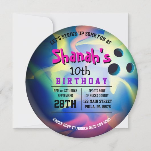 Invitation NEON BOWLING BALL ROUND Anniversaire Fête Invitati (Devant)