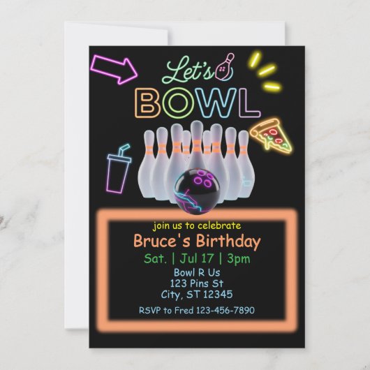 Invitation Neon Bowling Birthday (Devant)