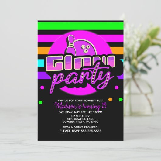 Invitation Neon Bowling Party Bash fête d'anniversaire (Debout devant)