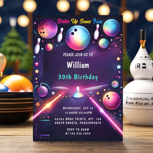 Invitation Neon Boy Kids Team Event Bowling 30th Birthday
