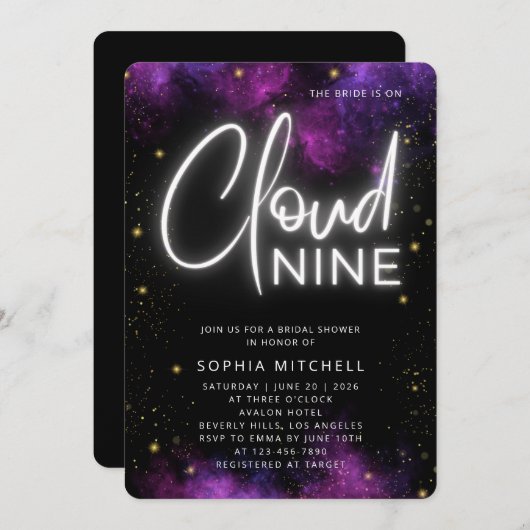 Invitation Neon Bride sur Cloud 9 Script Fête des mariées noi (Devant / Derrière)