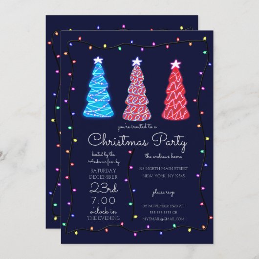 Invitation Neon brillant arbres lumière frontière Noël (Devant / Derrière)