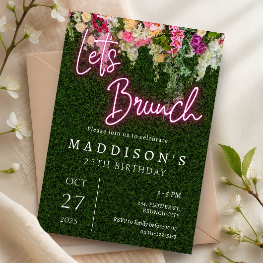 Invitation Neon Brunch Floral Contexte Jardin Fête d'annivers