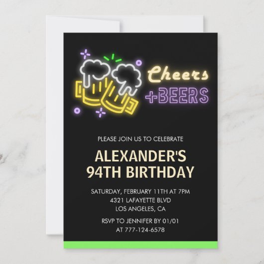 Invitation Neon Cheers Beer Chalkboard 94e anniversaire (Devant)