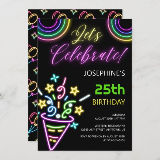 Invitation Neon Coloré Fun Fun Anniversaire Fun (Devant / Derrière)