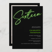Invitation néon cool vert script rétro noir photo Sweet 16 (Devant / Derrière)