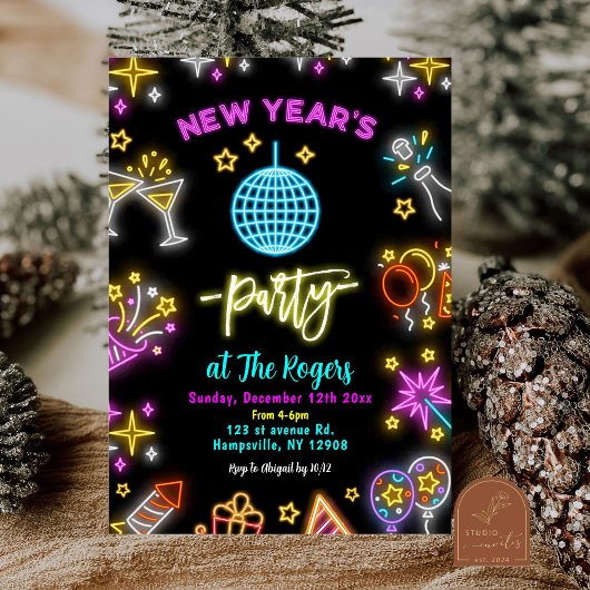 Invitation Neon Disco Ball New Year's Holiday Party