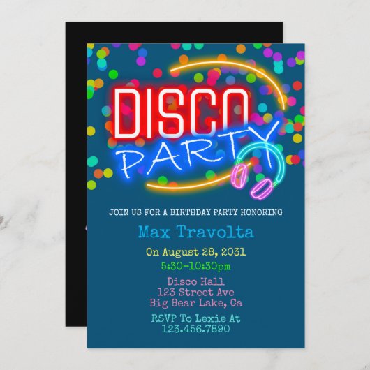 Invitation Neon Disco fête d'anniversaire (Devant / Derrière)