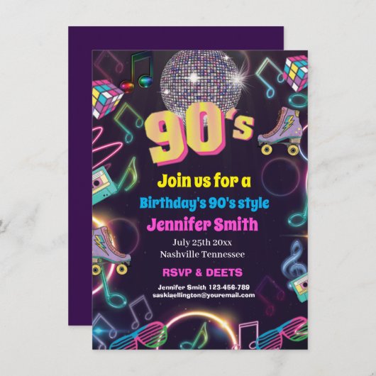 Invitation Neon Disco Vibes des années 90 Stytle (Devant / Derrière)