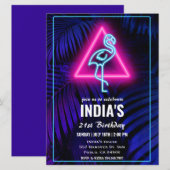 Invitation Neon Flamant rose rose Feuille tropicale Anniversa (Devant / Derrière)