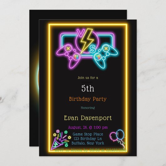 Invitation Neon Gaming fête d'anniversaire (Devant / Derrière)