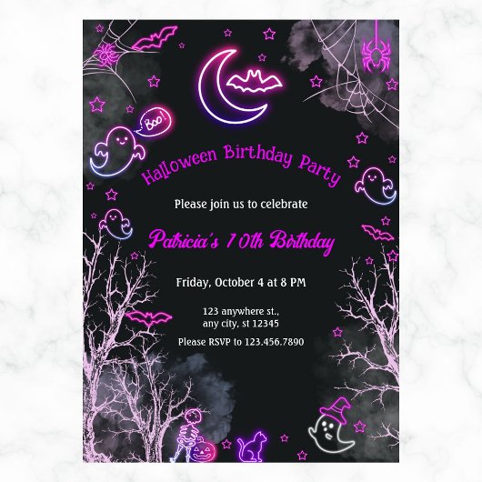 Invitation Neon Girl Halloween Anniversaire N'importe quelle