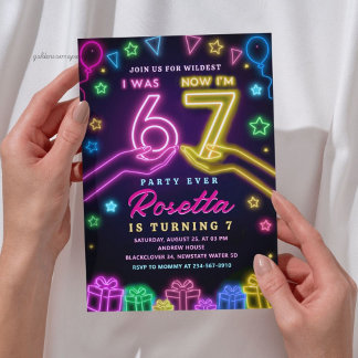 Invitation Neon Glow 7e Anniversaire | J'étais 6 Maintenant J