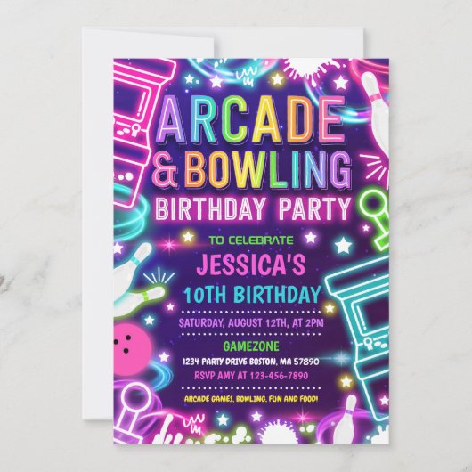 Invitation Neon Glow Arcade Et Bowling Anniversaire (Devant)
