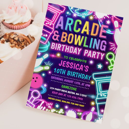 Invitation Neon Glow Arcade Et Bowling Anniversaire