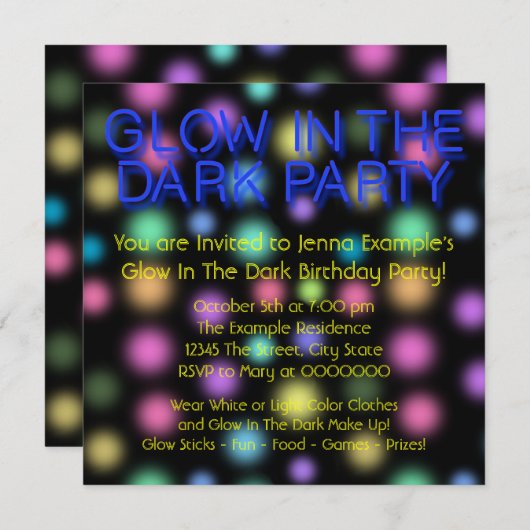 Invitation Neon Glow Dans La Fête D'Anniversaire Sombre (Devant / Derrière)