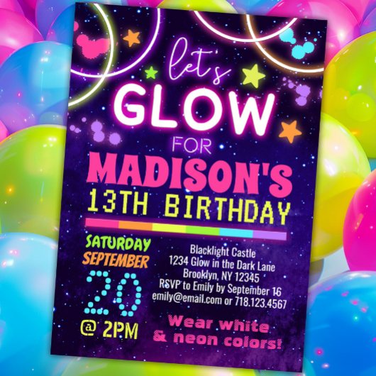 Invitation Neon Glow dans la fête de la lueur noire Anniversa