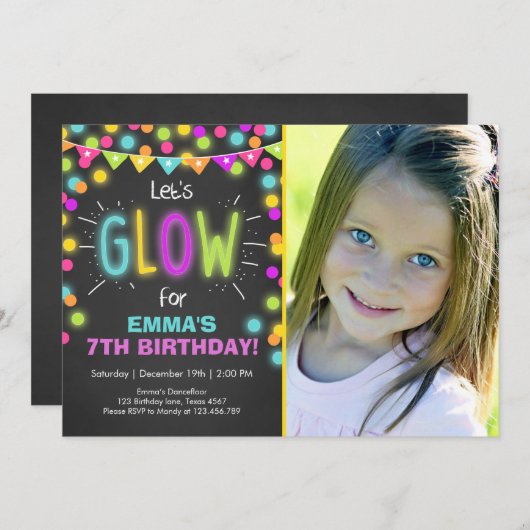 Invitation Neon Glow dans l'invitation d'anniversaire sombre (Devant / Derrière)