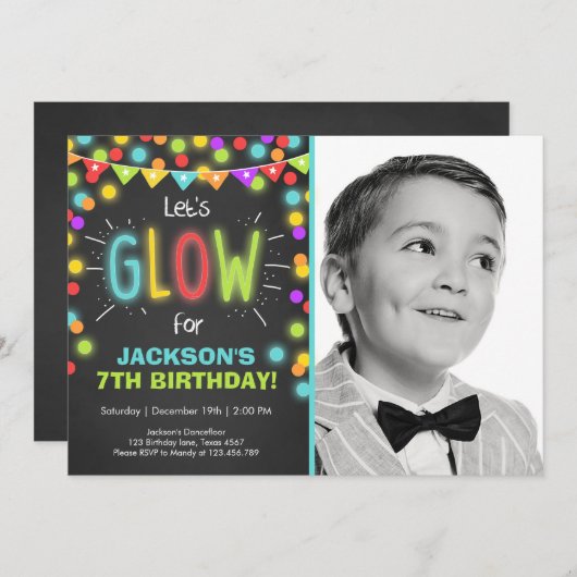 Invitation Neon Glow dans l'invitation d'anniversaire sombre (Devant / Derrière)