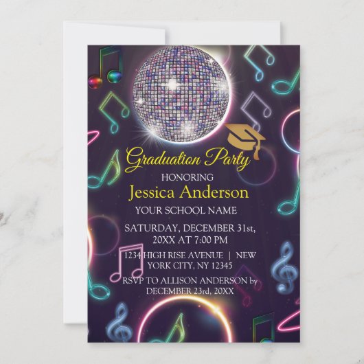 Invitation Neon Glow Disco Ball Party de graduation (Devant)