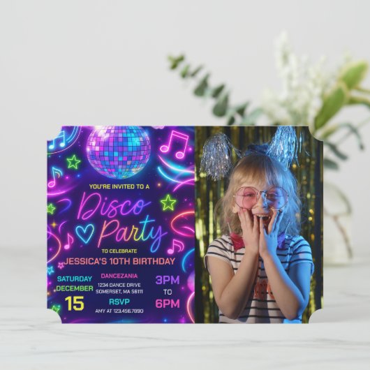 Invitation Neon Glow Disco Dance Party Anniversaire Photo (Debout devant)