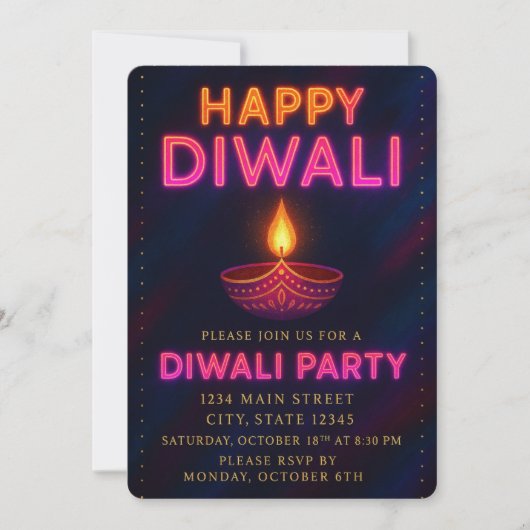 Invitation Neon Glow Diya avec script Happy Diwali Party (Devant)