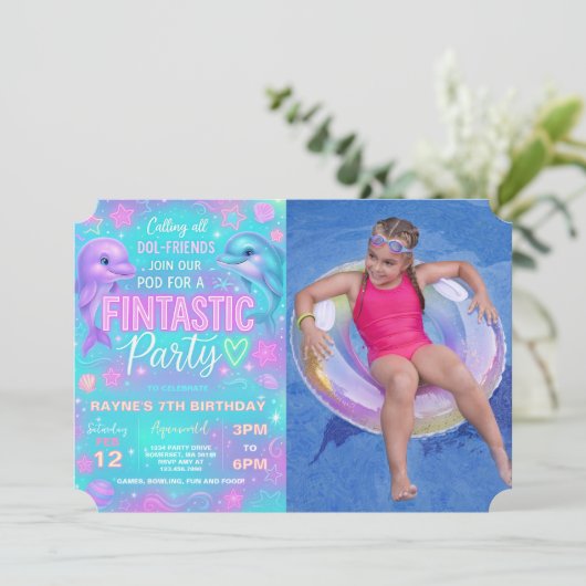 Invitation Neon Glow Dolphin Anniversaire Fête Photo Invitati (Debout devant)