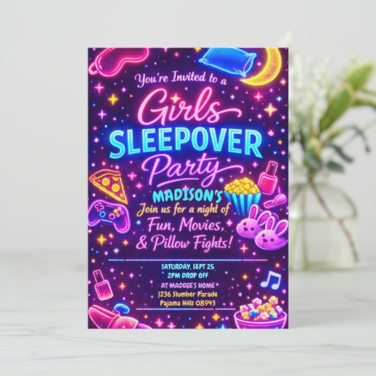 Invitation Neon Glow Girls Sleepover Party Night Slumber (Debout devant)